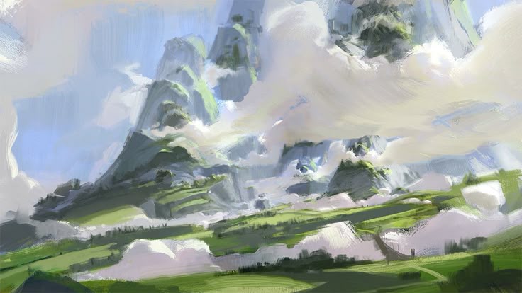 an impressionistic landscape painting depicting tall, mountainous formations shrouded in white clouds under a blue sky. the foreground shows green hills and fields. the artwork is characterized by visible brush strokes, giving it a dynamic and ethereal quality.
