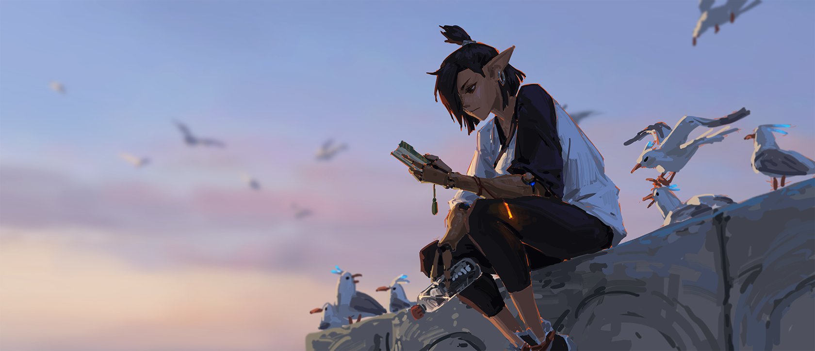 the digital painting showcases a young elven woman with pointed ears, dressed in casual clothing (black pants and a white shirt), sitting on a rocky outcrop near the coast.  she's calmly reading a small notebook.  numerous seagulls are perched around her and flying in the sky, contributing to the peaceful coastal atmosphere. the scene is bathed in the soft, warm light of a sunset sky, with muted pastel clouds filling the background. the overall style is reminiscent of anime or manga, with a focus on soft, expressive brushstrokes and a sense of tranquility.