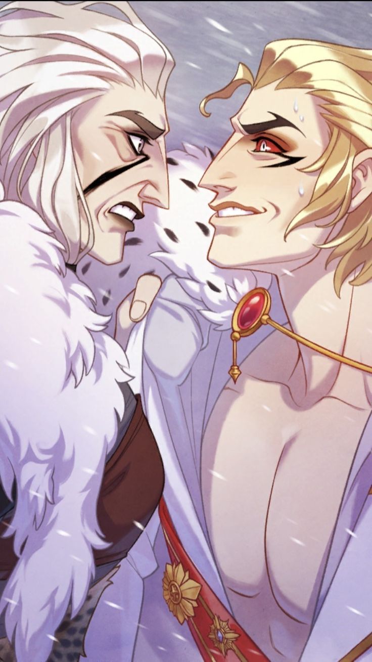 the image shows a closeup of two men with tense facial expressions. the man on the left has white hair and appears angry, while the man on the right has blond hair and is wearing a white fur coat, his facial expression appears to be a strained smile.