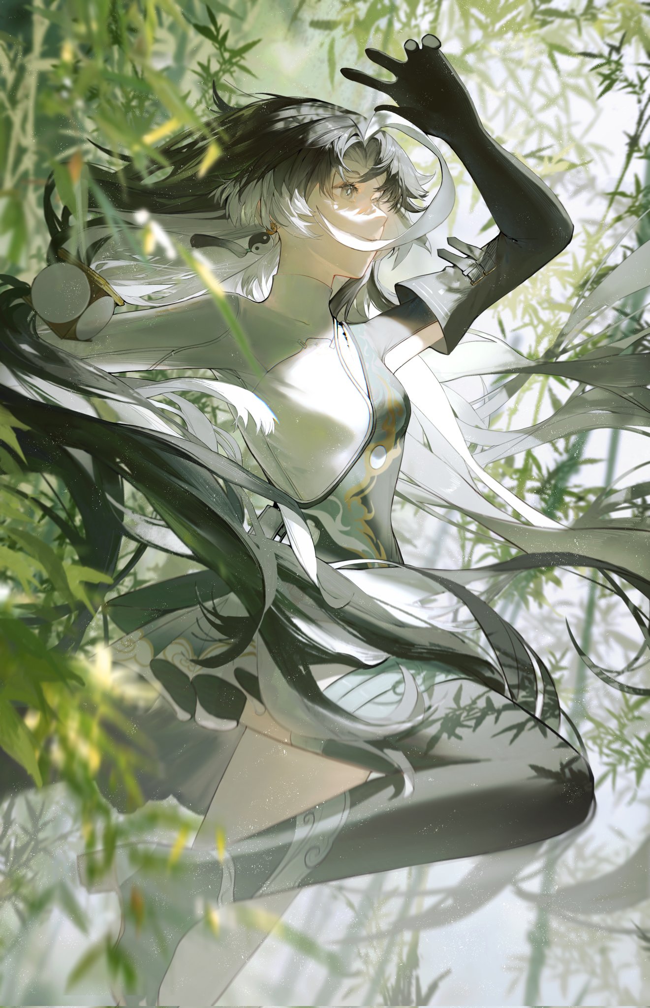 the image is a digital painting or illustration of a young animestyle woman with long, flowing black and white hair. she is dressed in a flowing, elegant green and white dress with intricate details. she is posed in a dynamic, graceful movement, appearing to be leaping or floating through a bamboo forest. the overall style is ethereal and mystical, with soft light and shadow creating a sense of depth and atmosphere. the background is blurry but shows the lush green foliage of a bamboo forest. the image is rich in detail and texture, and the woman's expression is serene and peaceful.