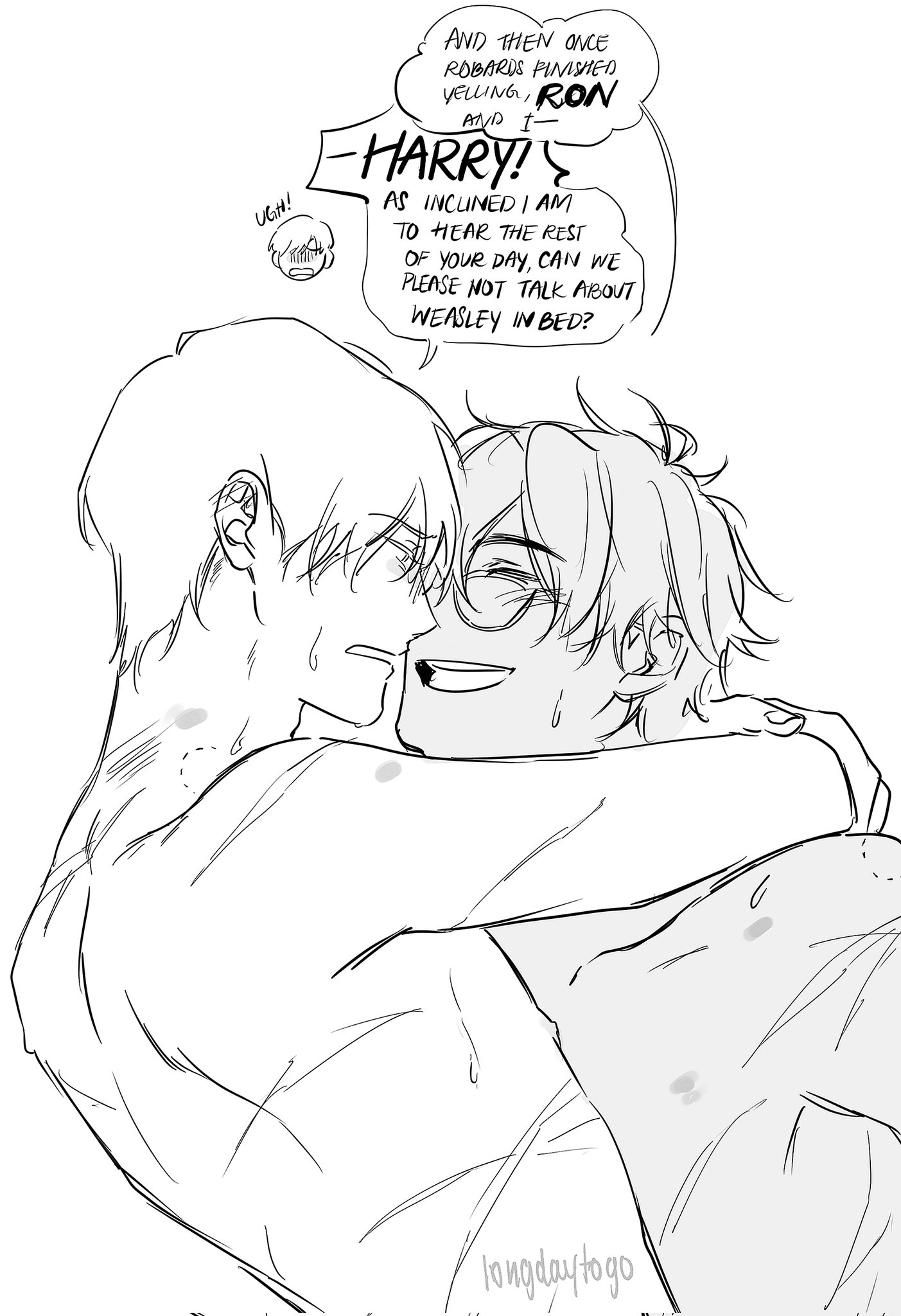 a black and white sketch depicting a tender embrace between two characters reminiscent of harry potter and ron weasley.  the style is reminiscent of manga or webcomic art. one character, presumably harry, is being hugged from behind by the other, ron.  a speech bubble above them shows a conversation, indicating a desire to discuss the day's events, but not in bed. the style is suggestive of a romantic or intimate relationship between the two characters.  small details like sweat droplets indicate intimacy and physical closeness.  the art style is loose and expressive rather than highly detailed.