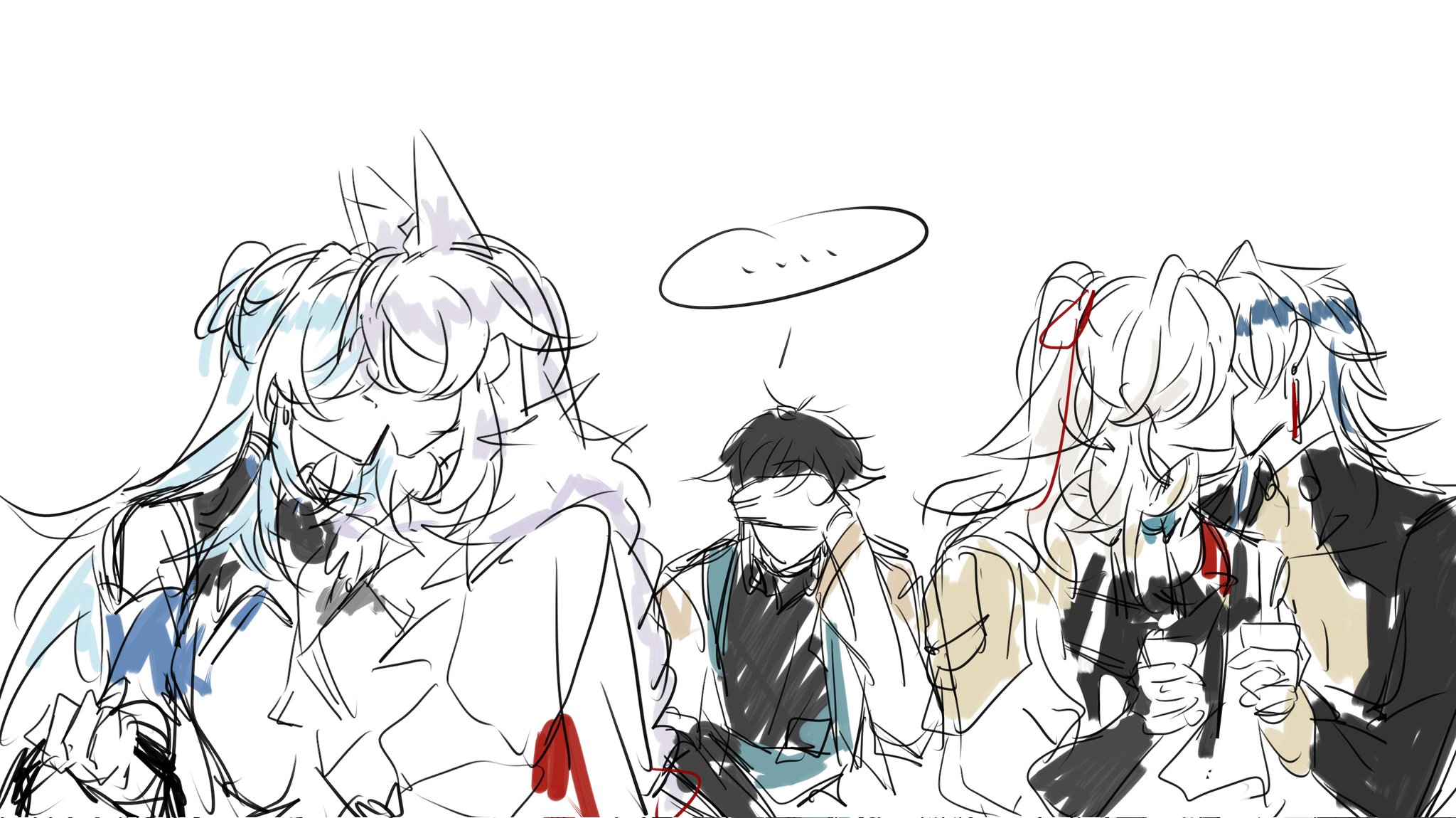 a digital illustration of four animestyle characters interacting. they are drawn in a sketchy style, with the lines and shapes left unrefined. they are standing in a group, but only the characters on the right side of the image are interacting with one another. one of them is holding a drink. the other two characters are positioned further back, with one looking off into the distance while the other one is looking down at the ground. there is a speech bubble above the second character from the left.