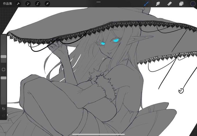 the image is a digital artwork showing a work in progress (wip) of a female elf character.  the style is reminiscent of anime or manga. the elf is depicted wearing a large, widebrimmed hat adorned with lace trim. she has long hair, and her eyes are a striking blue. the drawing is in grayscale with only the eyes showing a hint of color. the image is clearly a digital sketch, possibly created on a tablet using software like procreate. it appears to be at a stage where only the line art and basic shading have been applied, still lacking much detail and coloring.  the background shows a digital art workspace interface, including toolbars and options typical of drawing software. the overall impression is of a graceful, fantasy character in an elegant pose.