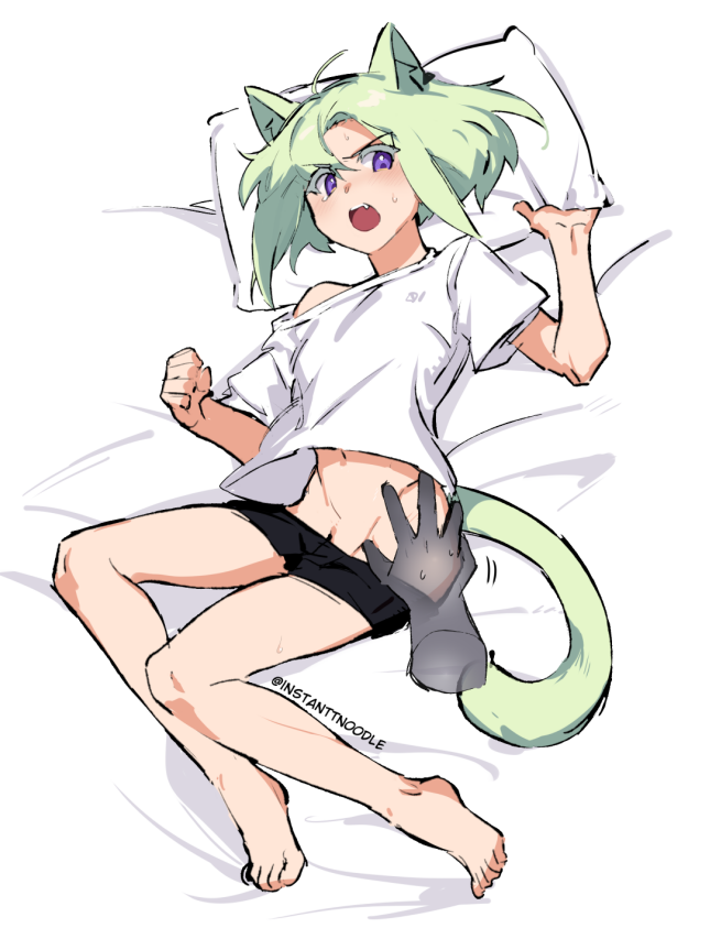the image is a digital drawing in anime style of a catgirl lying on a bed. she has light green hair, purple eyes, and is wearing a white shirt and black shorts.  she appears surprised or scared, with her mouth open, and her body tense. a dark gray hand is touching her thigh.  the overall style is loose and sketchy, characteristic of fanart. the artist's signature, "@instanttnoodle", is visible.