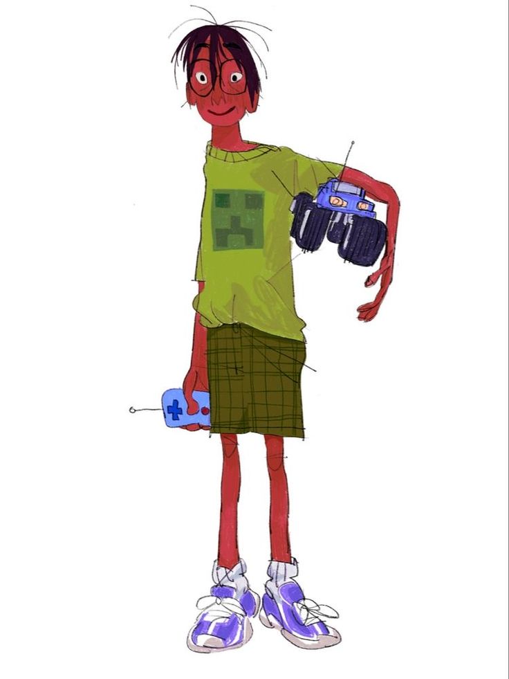 a cartoon illustration of a young boy with a green shirt with a pixelated design, plaid shorts, and blue sneakers holding a blue remote control toy monster truck.  he is smiling and holding the truck with his right arm, and holding the remote control in his left hand.  he is wearing glasses and has a happy expression on his face.  he appears to be enjoying playing with his toy.
