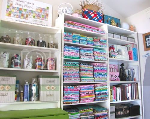 image shows three white bookshelves filled with sewing supplies. the left bookshelf is filled with jars of spools, sewing supplies, and two storage boxes. the middle bookshelf is filled with stacked piles of fabric. the right bookshelf is filled with a sewing machine, books, and storage boxes. a periodic table is on the top left shelf. a basket is on the top middle shelf.