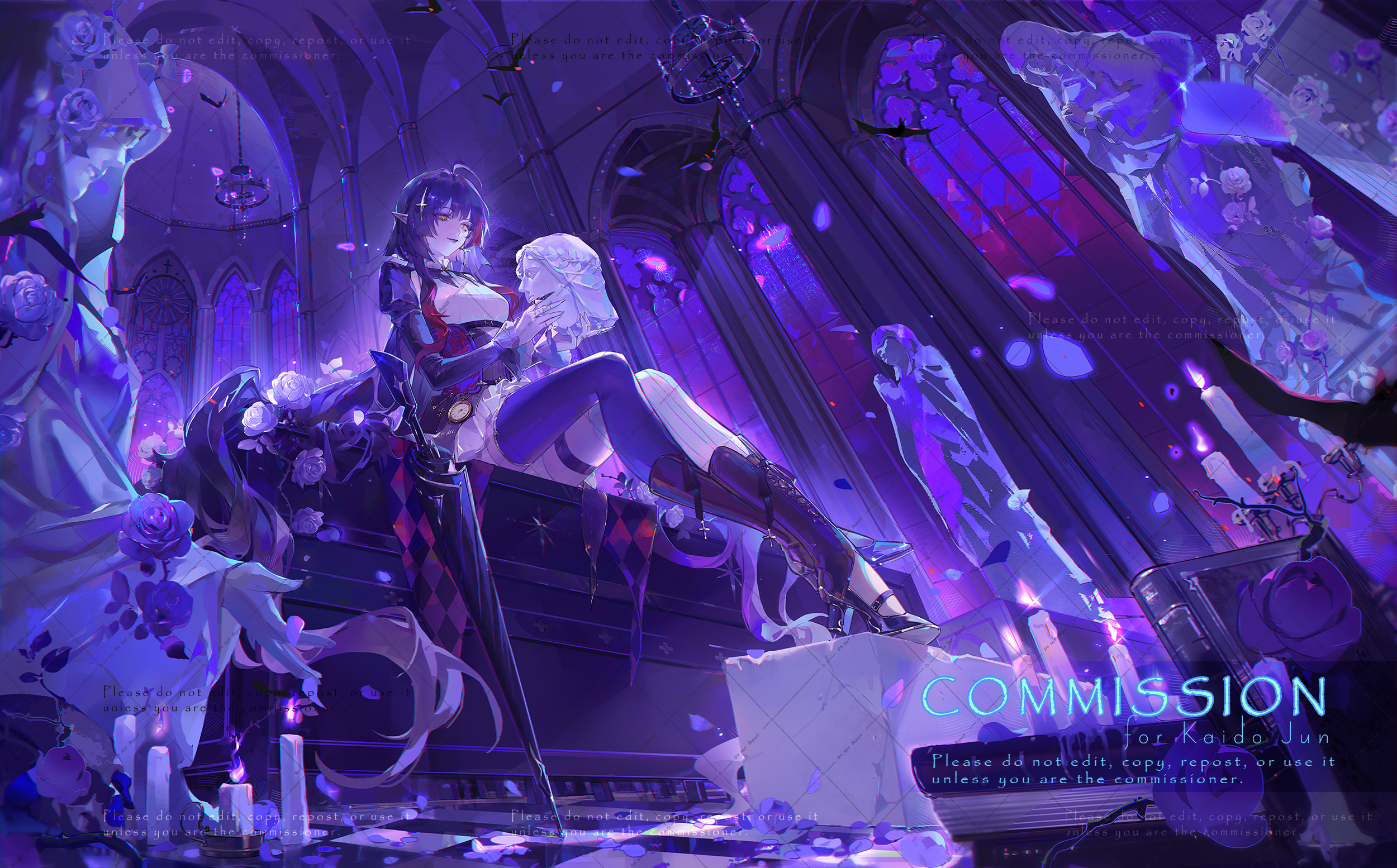 the image is a digital painting or artwork depicting two animestyle girls in a dark, gothicstyle church or cathedral. the overall color scheme is purple and violet. one girl has long black hair and is wearing a dark, elegant dress, while the other has long white hair and is wearing a lightercolored outfit. they are embracing or hugging. there are statues and candles around them, giving the scene a mystical and slightly eerie atmosphere. roses and other flowers are scattered throughout the image.  the word "commission" is prominently displayed, indicating the artwork is a commission piece. the text also contains copyright and usage restrictions.