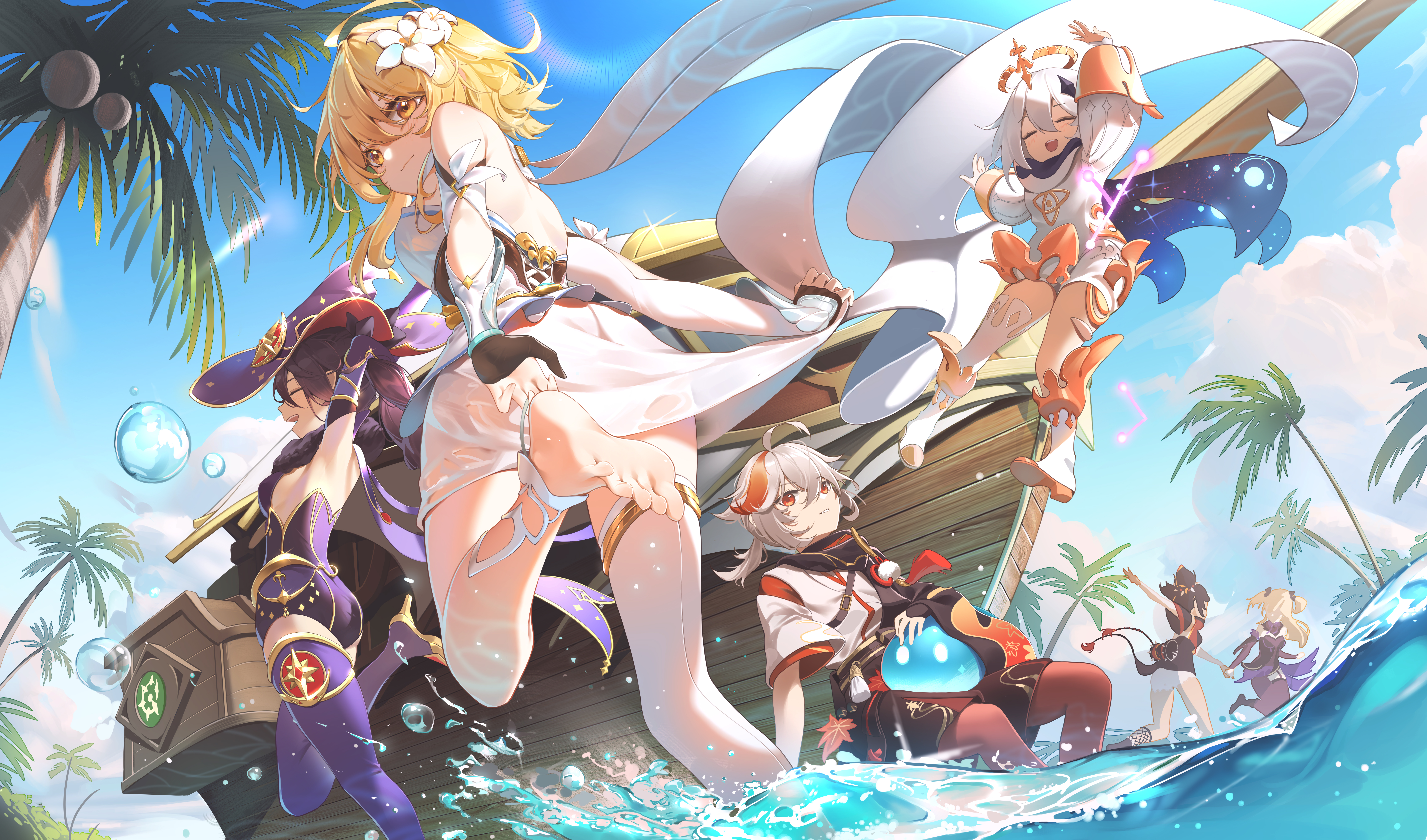 the image is a vibrant digital fanart depicting several female characters from the popular game genshin impact. they appear to be enjoying a summer vacation on a beach. the characters are rendered in an anime style, with bright colors and exaggerated features.  they are jumping off a wooden ship into the ocean, surrounded by palm trees and bubbly water.  one character stands out in a white flowing dress, and another is prominently featured in a purple and gold outfit. other characters are less clearly defined. the overall mood of the image is lighthearted and joyful, emphasizing a summer adventure. the style is consistent with official genshin impact artwork.