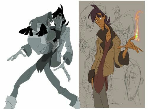 this image contains two sketches of animated characters. the one on the left depicts a young man holding a young woman in his arms. he has a somewhat serious expression and is looking at the viewer. the woman in his arms is looking down and appears to be sleeping. the style of this sketch is more stylized and whimsical. the one on the right is of a young man standing with a relaxed pose and a slight smirk. his outfit suggests he might be a magic user. the background of this sketch appears to be made up of numerous sketches of faces, which are done in a more casual, almost messy way. the style of this sketch is more realistic and detailed. the overall tone of the image suggests a fantasy setting and possibly a romantic theme.