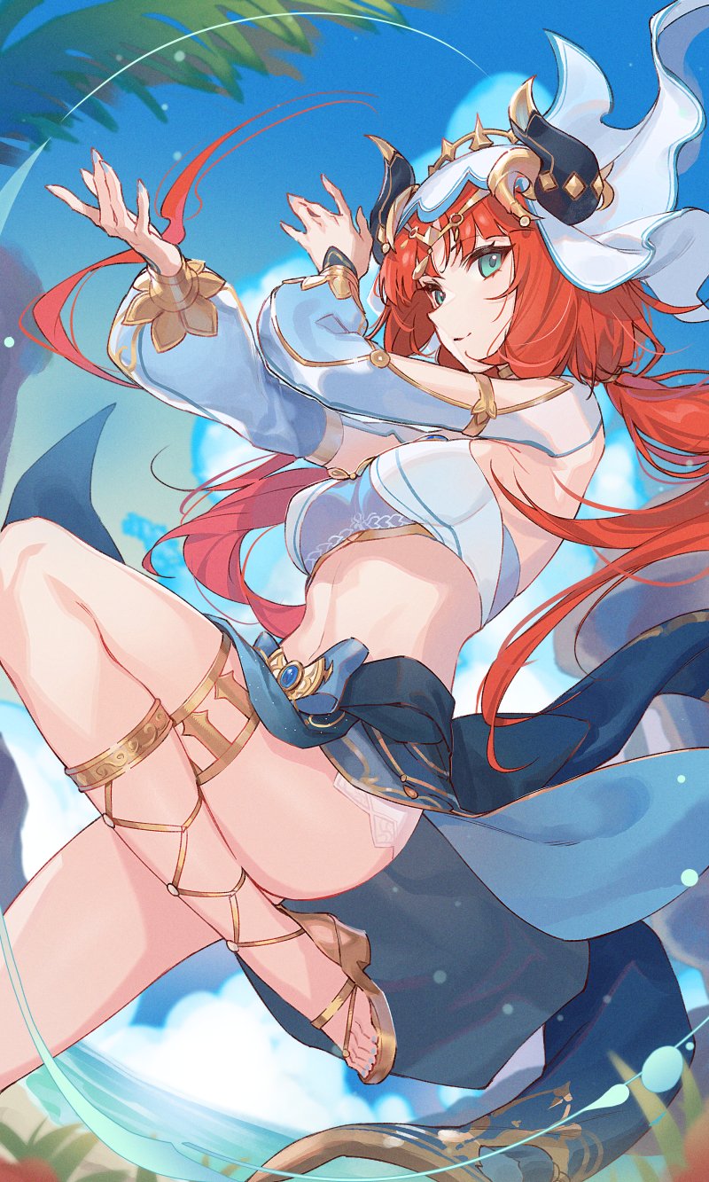 an animestyle illustration depicts a woman with red hair and light blue clothing, accentuated with gold jewelry. she wears a unique headpiece featuring horns. the setting is reminiscent of a fantasy world.