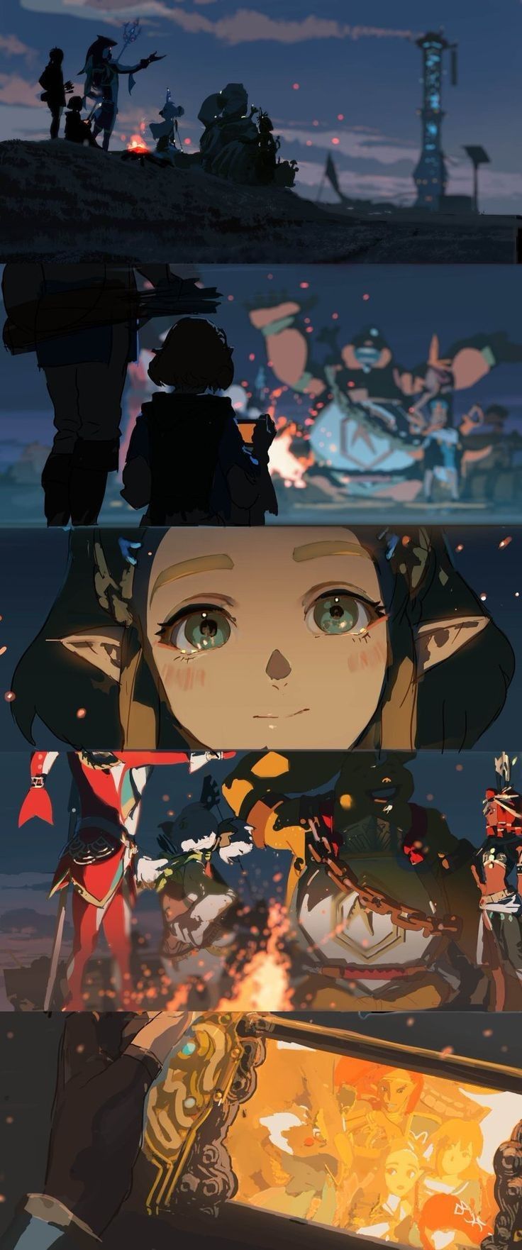 the image is a digital artwork depicting scenes from the legend of zelda: breath of the wild. the image consists of a series of panels, starting with a group around a bonfire and a hylian tower in the background. subsequent panels feature closer shots of characters, including a detailed closeup of zelda, and other characters in a campfire setting. the final panel shows a group portrait in a golden frame. the art style is reminiscent of anime or digital painting.