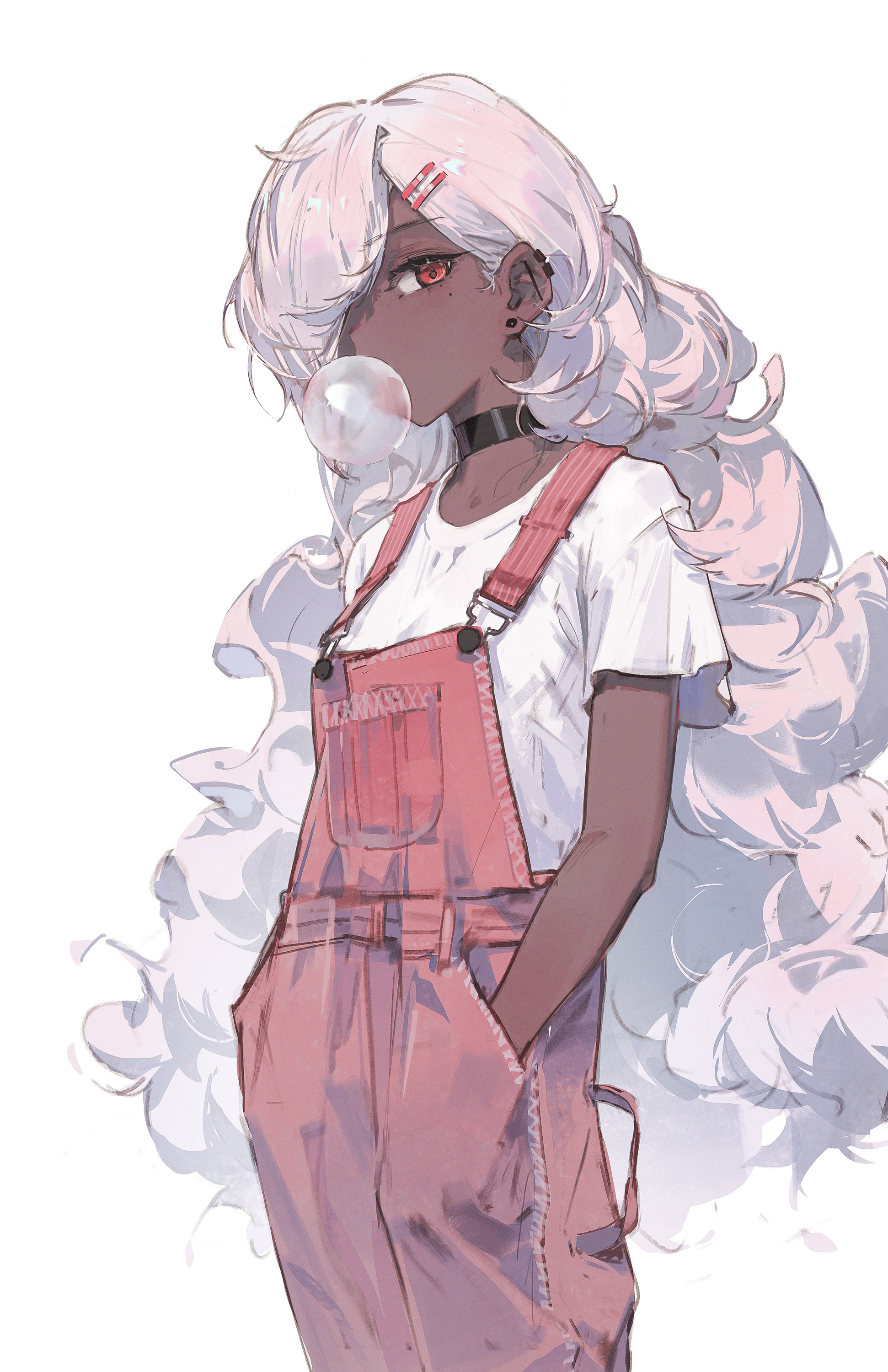 an animestyle illustration of a young woman with white curly hair blowing a bubble with her gum. she's wearing red overalls and a white shirt. she is looking to the side. the image is digitally drawn and has a soft, pastel color palette.