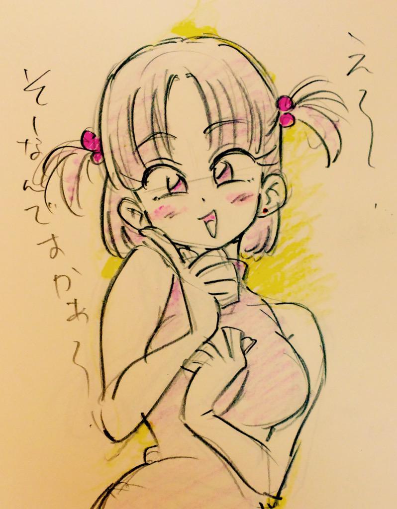 a colored sketch of an anime girl with short pink hair styled in two pigtails with pink bows. the girl is wearing a pink, highcollared, sleeveless dress with yellow shading on the side. she has a large smile and rosy cheeks, and is holding her hand up to her face in a cute pose. text in japanese is written beside her.