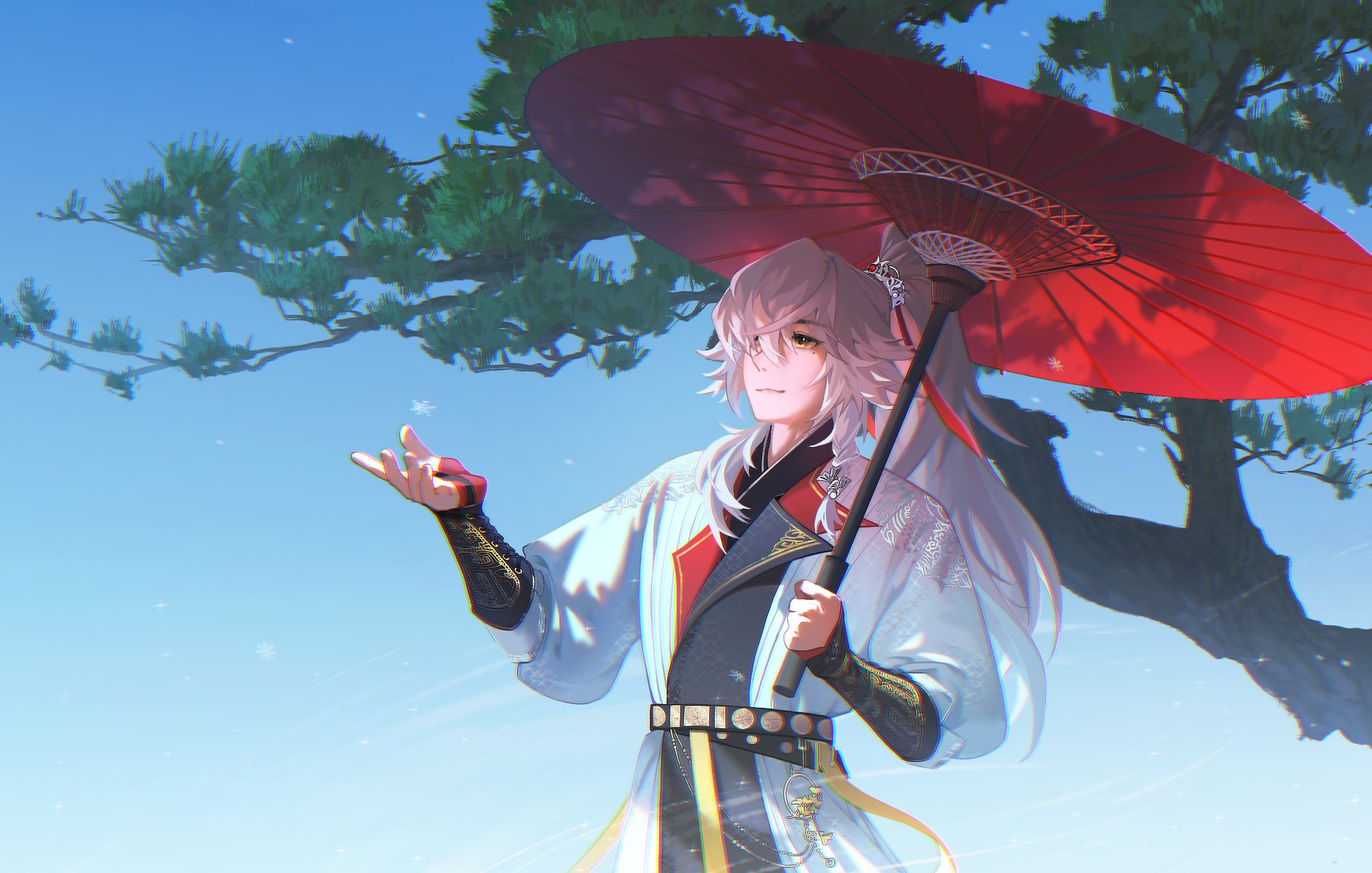an anime girl with long, flowing white hair is standing under a red umbrella. she is wearing a white kimono with long sleeves and a red sash. the background is a blue sky with a tree blowing in the wind. the girl is smiling and looks very happy. she looks like she is in a magical world.