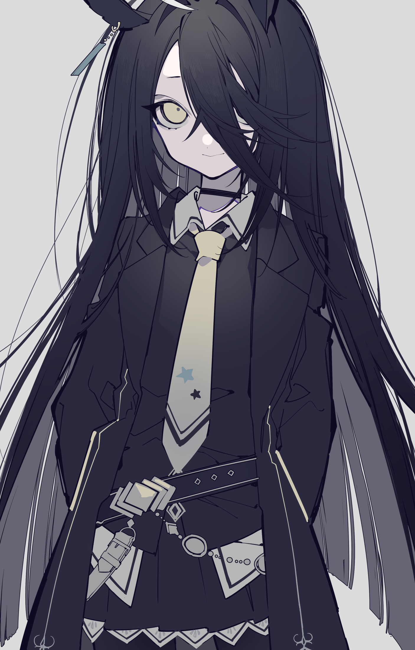 an anime girl with long, straight black hair partially covering one eye, light yellow eyes, wearing a black choker, a white collared shirt, a light yellow tie with star decorations, a black suit jacket, a decorated black belt, and a black skirt. the image is mostly monochromatic.