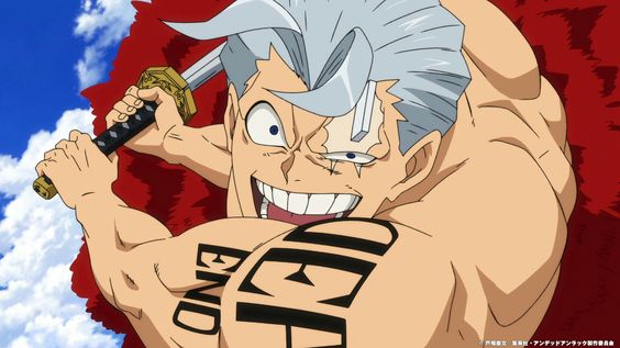 a closeup image of a muscular, grinning man with spiky white hair. he has a scar over his left eye and a red tattoo that reads "end" on his left shoulder. he is wielding a katana with a gold and black hilt. the background is a blue sky with white clouds.