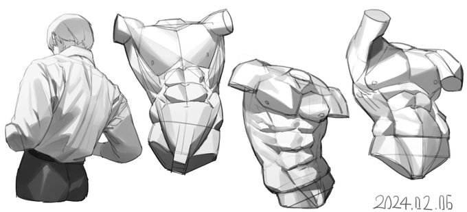 the image is a black and white digital sketch of four different views of a male torso. the drawings are highly detailed and show the muscles of the chest, back, and shoulders. the first torso is drawn in a more geometric style, while the other three are more realistic.  the fourth torso is angled to show the side and back muscles. the artist's signature and the date are in the lower right corner.