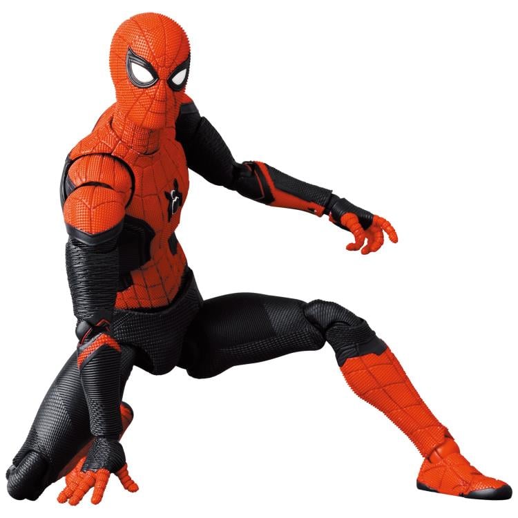 this image is a closeup of a spiderman action figure in a red and black suit. the action figure is posed in a dynamic action pose, with one leg extended and the other bent, the figure is  reaching forward with one arm, the figure has a masked face.