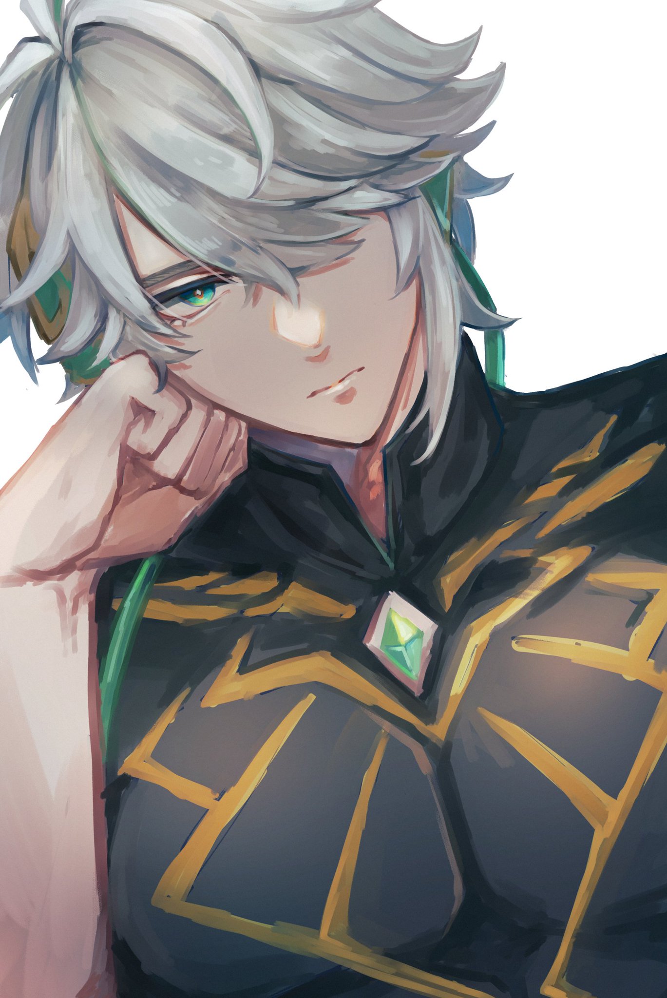 a digital illustration of a young man with white hair and green headphones resting his chin on his hand and looking down. he is wearing a black shirt with gold patterns and a green gem necklace.