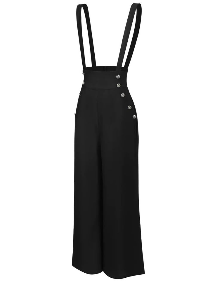 the image shows a black women's jumpsuit. it has wide legs and high waist. the jumpsuit features suspenders and buttons on the front. the style is both elegant and casual.
