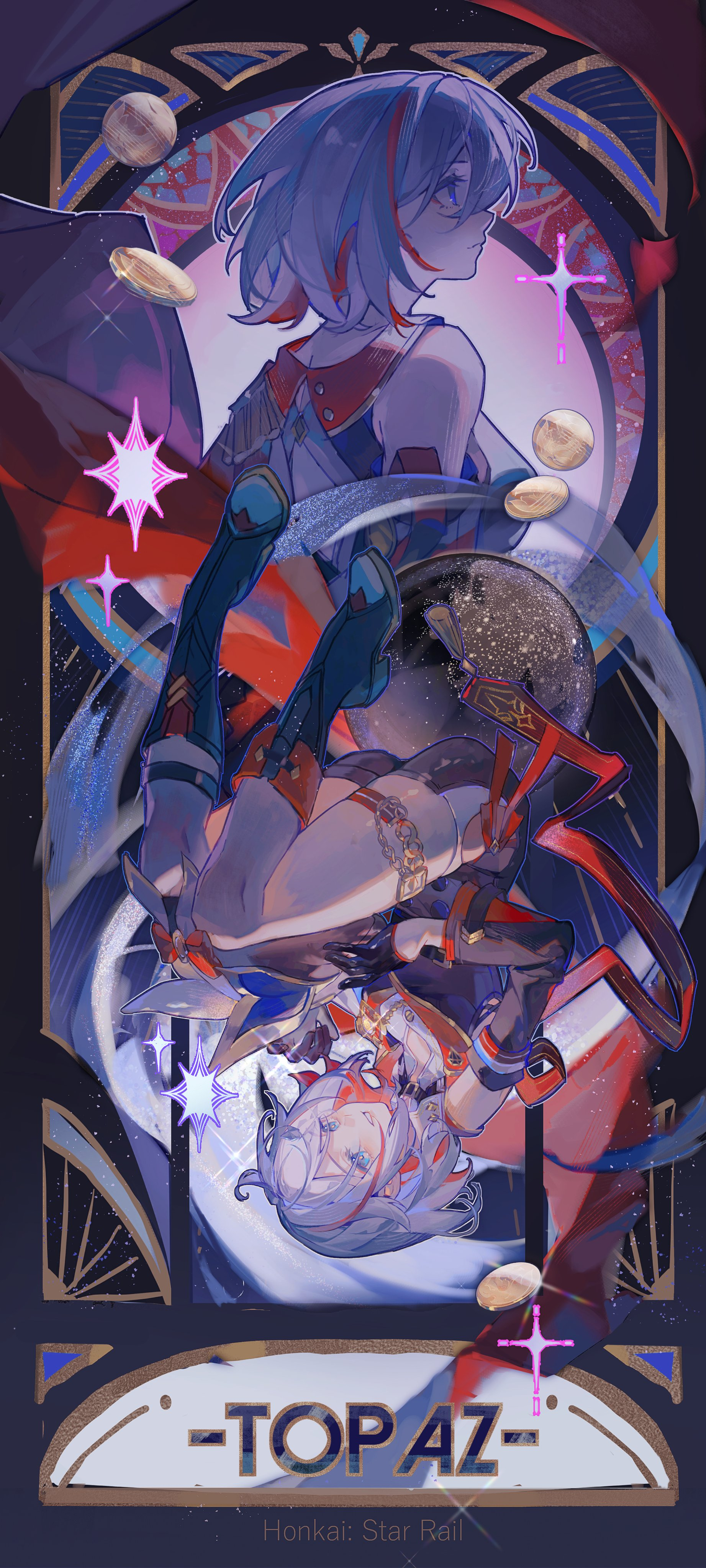 the image is a vertically oriented illustration featuring three characters in dynamic poses within an ornate, art decoinspired frame. the characters, rendered in a stylized, animeesque style, are surrounded by swirling patterns of stars and coins. the overall palette is rich and vibrant, with deep blues and reds complemented by shimmering gold accents. the title "top az" is prominently displayed at the bottom, suggesting a ranking or leaderboard.
