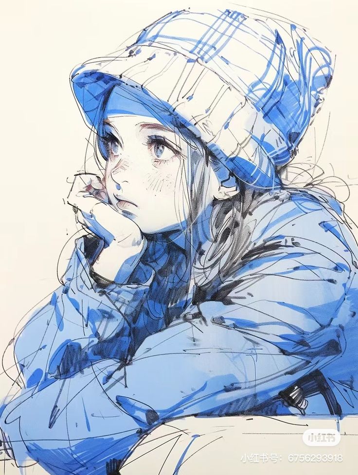 this is an illustration of a beautiful anime girl. she has blue hair and is wearing a white beanie with a blue trim, a blue jacket, and is looking away from the viewer. she is holding her hand to her chin, looking thoughtfully at something out of the frame. the illustration is done in a sketch style with blue and white ink. the background is a plain white.