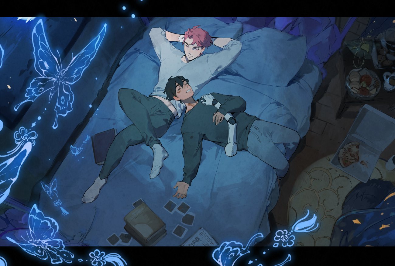 illustration of two men lying on a bed together. one man has pink hair and is lying with his hands behind his head. the other man has dark hair and a robotic arm and is lying with his head on the first man's shoulder. there are butterflies floating around the room. there is also a box of pizza, books, and photos on the bed.