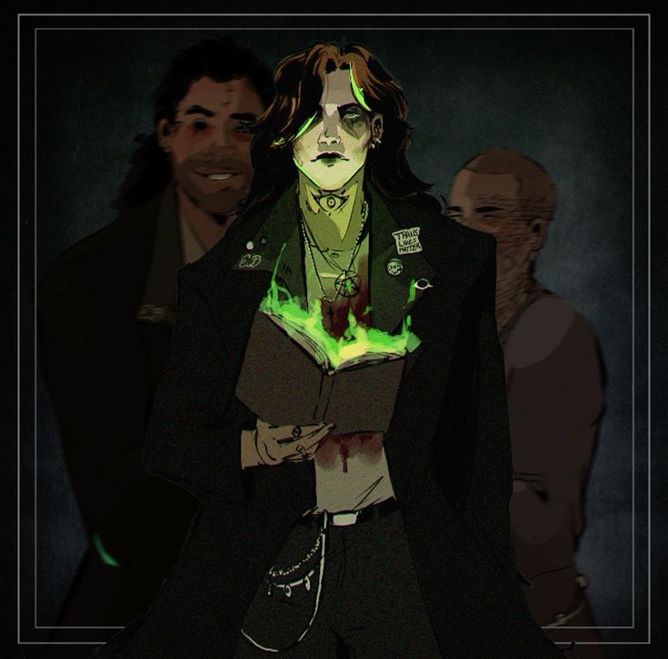 a digital illustration depicts a group of three people standing together in front of a dark background.  a woman is front and center, wearing black clothing and holding an open book with glowing green flames emanating from it. she has a dark, emo style with dark hair, black lipstick, and dark eyeliner. she has several silver piercings, a pentagram necklace and another silver necklace with a charm that is difficult to make out. she is holding a book in front of her chest that is emitting green light. her face has a hint of blood on the left side of her face.  a man to her left is also wearing black clothing and has short, brown hair.  the third person, to the woman's right, is a man with short, brown hair, wearing a longsleeved, light blue shirt with a dark blue cardigan. he is obscured behind the woman, but his face and shirt are visible.  this artwork is a stylized illustration of a group of people in a dark setting, with a focus on the woman's mysterious and magical aura.