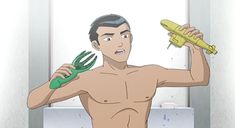 a shirtless man is showering and looking surprised while holding up a green toy in his left hand and a yellow and gray toy in his right hand. there is water splashing up from the shower floor around him. the wall behind him is white tile.