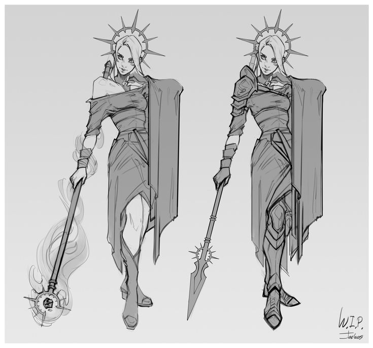 the image contains two grayscale sketches of a female fantasy character.  she's depicted in a flowing robe and some armor, carrying either a staff or spear.  she has a halo or sunburstlike element around her head, suggesting a divine or holy aspect. the style is loose and dynamic, characteristic of concept art.  one version shows her in a more flowing robe, the other has more defined armor.  "wip" is written on the image, indicating it's a work in progress.