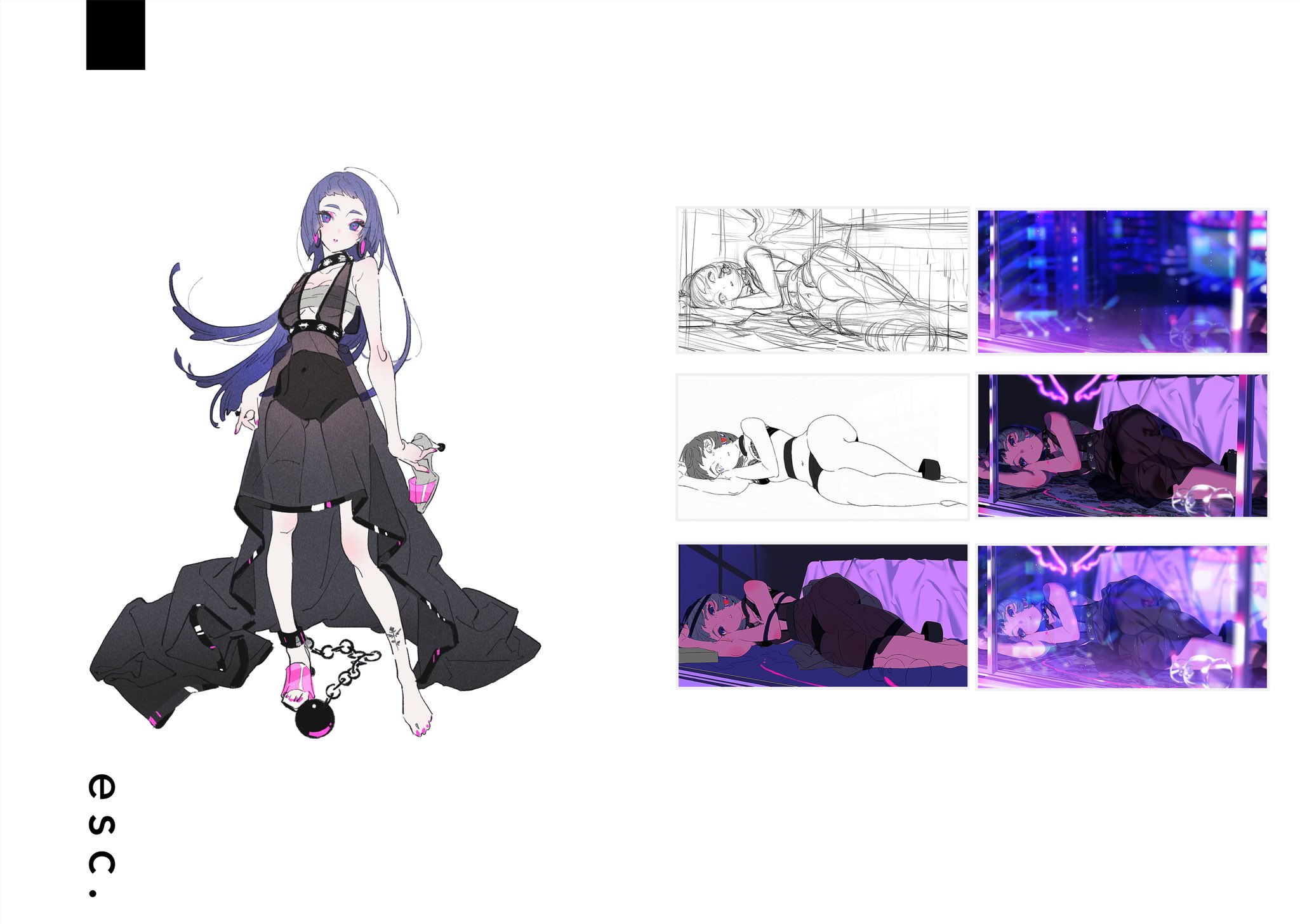 the image showcases the design process for a female anime character in a cyberpunk style. the character has long, flowing purple hair, striking blue eyes, and wears a revealing black dress with cutouts. she is adorned with shackles on her wrists and ankles, adding to the cyberpunk aesthetic. the artwork features several stages of the design, including initial sketches, line art, and progressively refined illustrations with varying levels of detail and color. the background is a clean white, directing focus to the character design. the color palette leans towards cool tones, with purples, blues, and blacks dominating, further enhancing the cyberpunk vibe.
