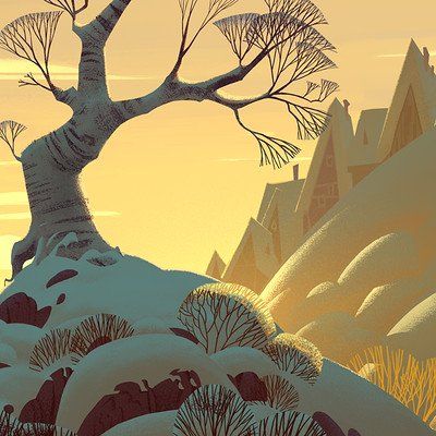 a stylized illustration capturing a serene winter scene at sunset. a single, bare tree with a thick trunk curves gracefully to the left, its branches silhouetted against the warm, golden sky. the tree stands on a snowdusted hill, its base dotted with dark, muted greens representing winter foliage. the foreground is rendered with visible brushstrokes, emphasizing the textures of the snow and the lowlying bushes. in the background, partially obscured by the hill, sits a cluster of houses with steep, pointed roofs, reminiscent of a traditional european village. the houses are painted in a similar palette to the hill, creating a sense of peaceful integration with the landscape. the entire scene is bathed in the soft, warm light of the setting sun, casting long shadows and creating a cozy and inviting atmosphere.