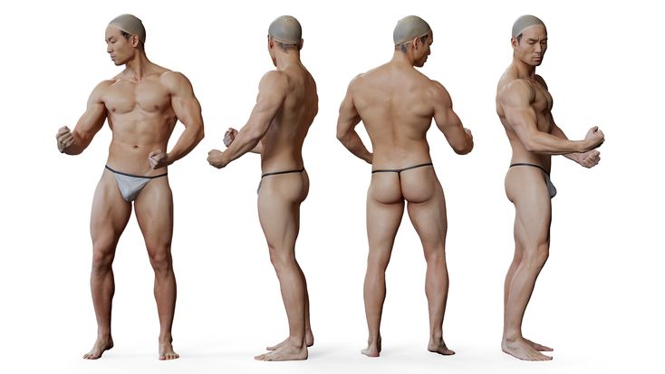 the image shows a 3d rendered image of a male figure in various poses. the figure is muscular and toned, wearing a thong and posing in a studio setting with a white background.  the image is a digital art piece.
