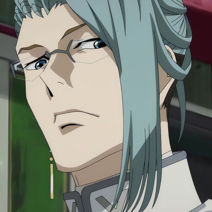 a closeup portrait of an anime man with mint green hair, glasses, and a small gold earring. he has a neutral expression. the background is blurry.