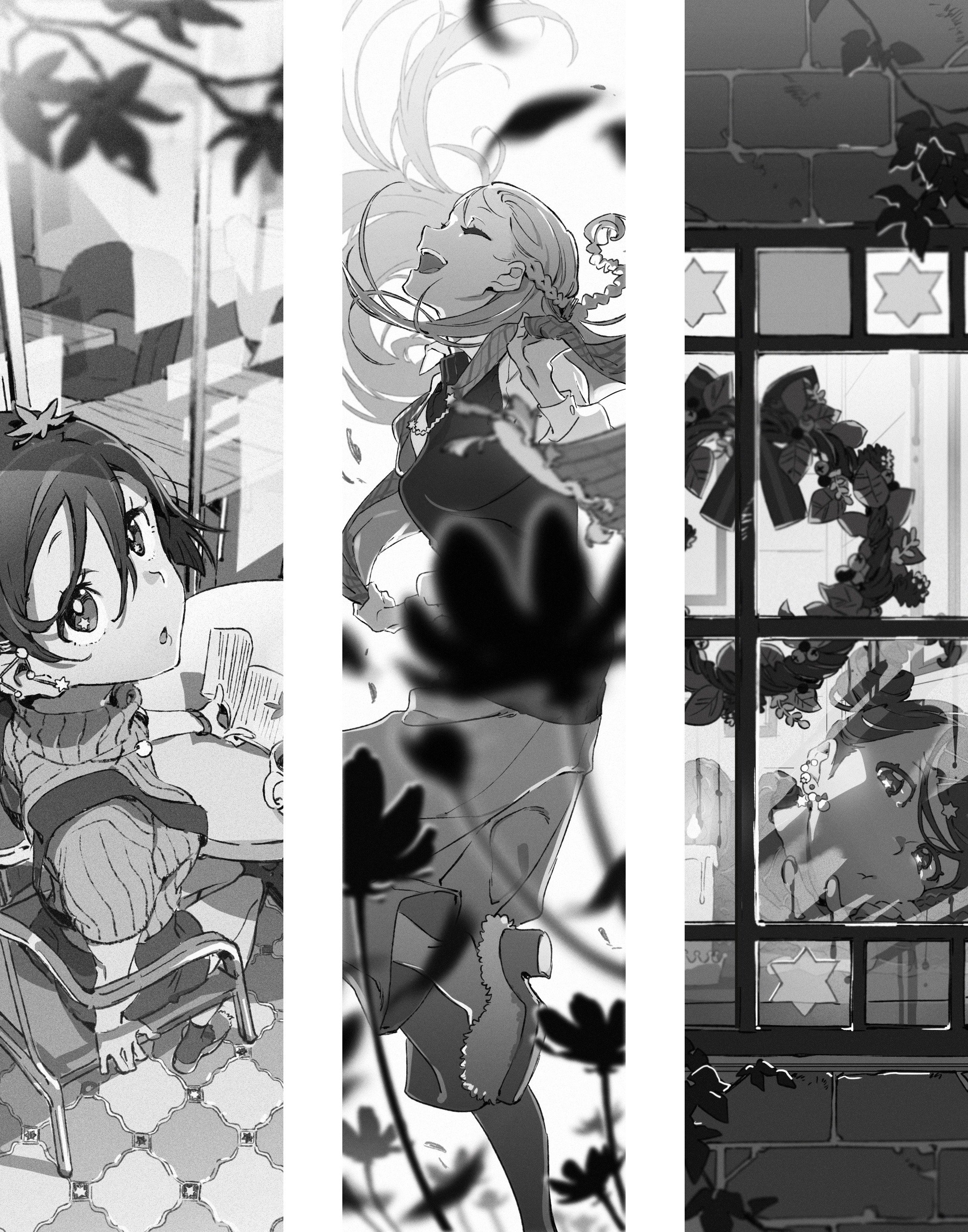 the image is a triptych of black and white drawings. the left panel shows a girl sitting at a table with a book, viewed from above. the central panel shows a young woman with long, flowing hair surrounded by flowers, viewed from below. the right panel shows a view through a window with stained glass stars to a young woman with a hat sitting at a table with flowers, viewed straight on. all three panels have a soft, dreamlike quality.