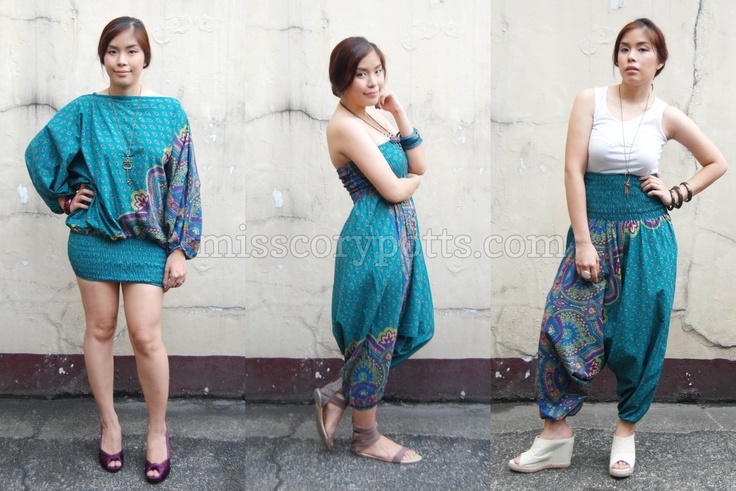 the image shows a series of photos of a woman modeling different outfits. she is wearing various turquoise paisleypatterned items. in the first photo, she is wearing a dress with long sleeves and purple pumps. in the second, she wears a strapless dress with sandals and jewelry. in the third photo, she pairs the harem pants with a white tank top and wedge shoes.