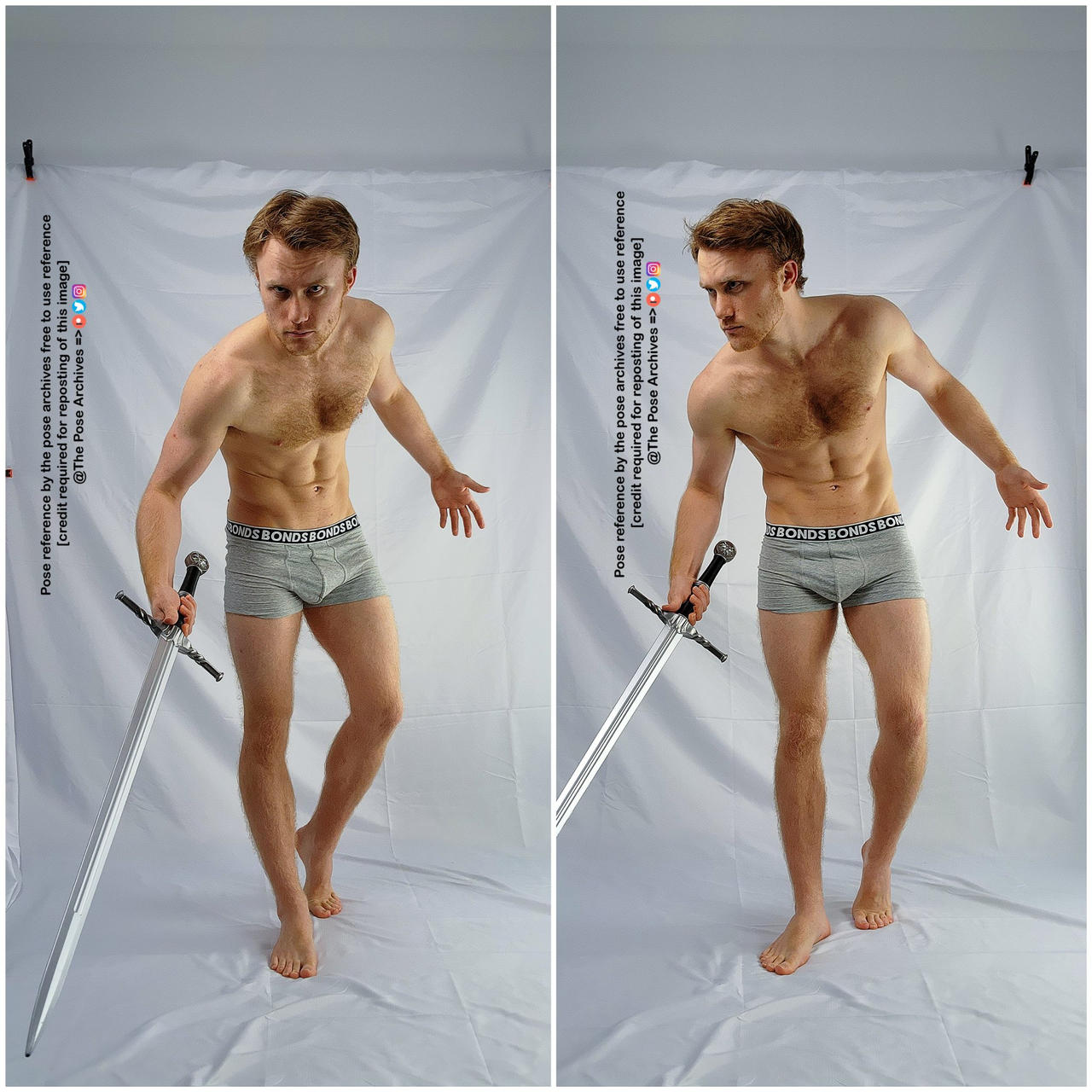 this is a reference photo of a man in his underwear holding a sword, in two different poses. the background is white and he is well lit.