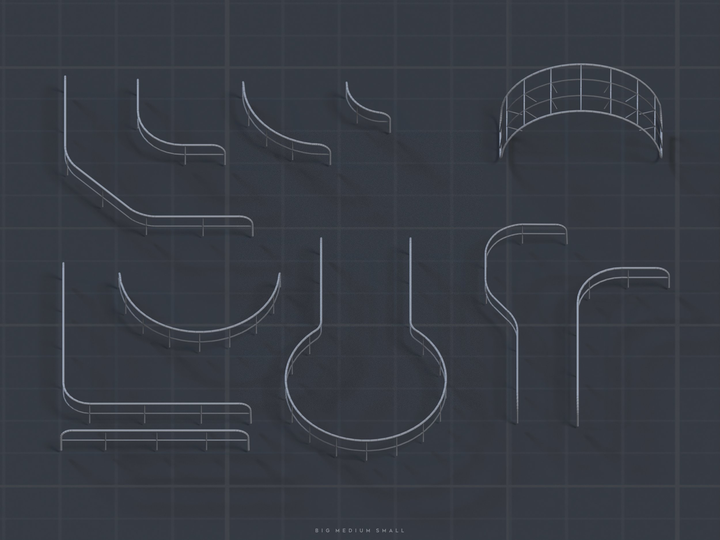 the image presents a technical drawing or blueprintlike depiction of various railing system components.  these components are shown in an isometric 3d projection against a dark grey gridded background, resembling a cad or architectural design software output. the railing elements are diverse, ranging from straight sections to curved sections in various radii (quartercircle, semicircle, etc.) and include a small arched bridge section. the components appear to be designed to be combined and potentially customized for a wider array of applications.  the bottom of the image features a small text that might indicate size variations ("big medium small").  the overall style conveys precision and detail typical of technical drawings used in construction or design.