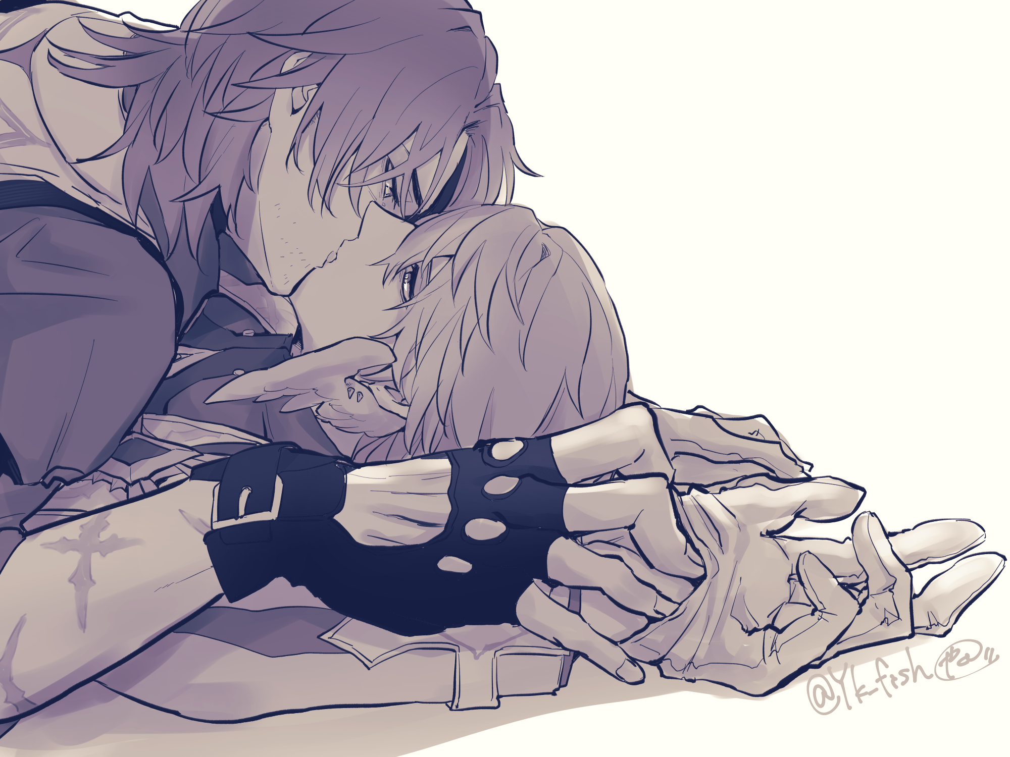 the image is a digital drawing or illustration in a monochrome style depicting two animestyle boys in a tender embrace. one boy is lying down, while the other is leaning over, their faces close together, suggesting a kiss. their hands are intertwined, and both are wearing gloves. the art style is soft and romantic, with an emphasis on the characters' emotional connection. the background is plain and unobtrusive, allowing the focus to remain on the characters. the overall mood is one of intimacy and affection.