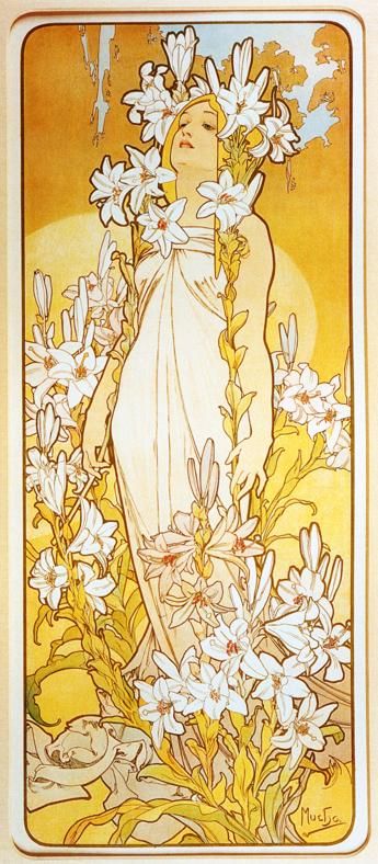 this is an art nouveau poster by alphonse mucha depicting a woman surrounded by lilies. she is wearing a white dress and is positioned in the center of the image. the background is a warm yellow, and the entire composition is filled with intricate floral details.