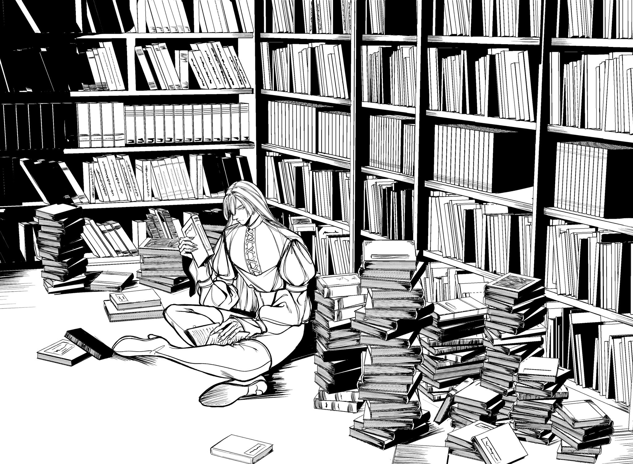 a black and white illustration of a man sitting on the floor of a library, surrounded by stacks of books. the man is reading a book, and the shelves in the background are filled with books. the image is a classic depiction of a scholar or bookworm in a quiet and contemplative space.