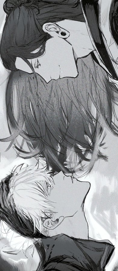 this is a black and white illustration of an anime couple embracing. the man's hair is long and flowing, and he is
