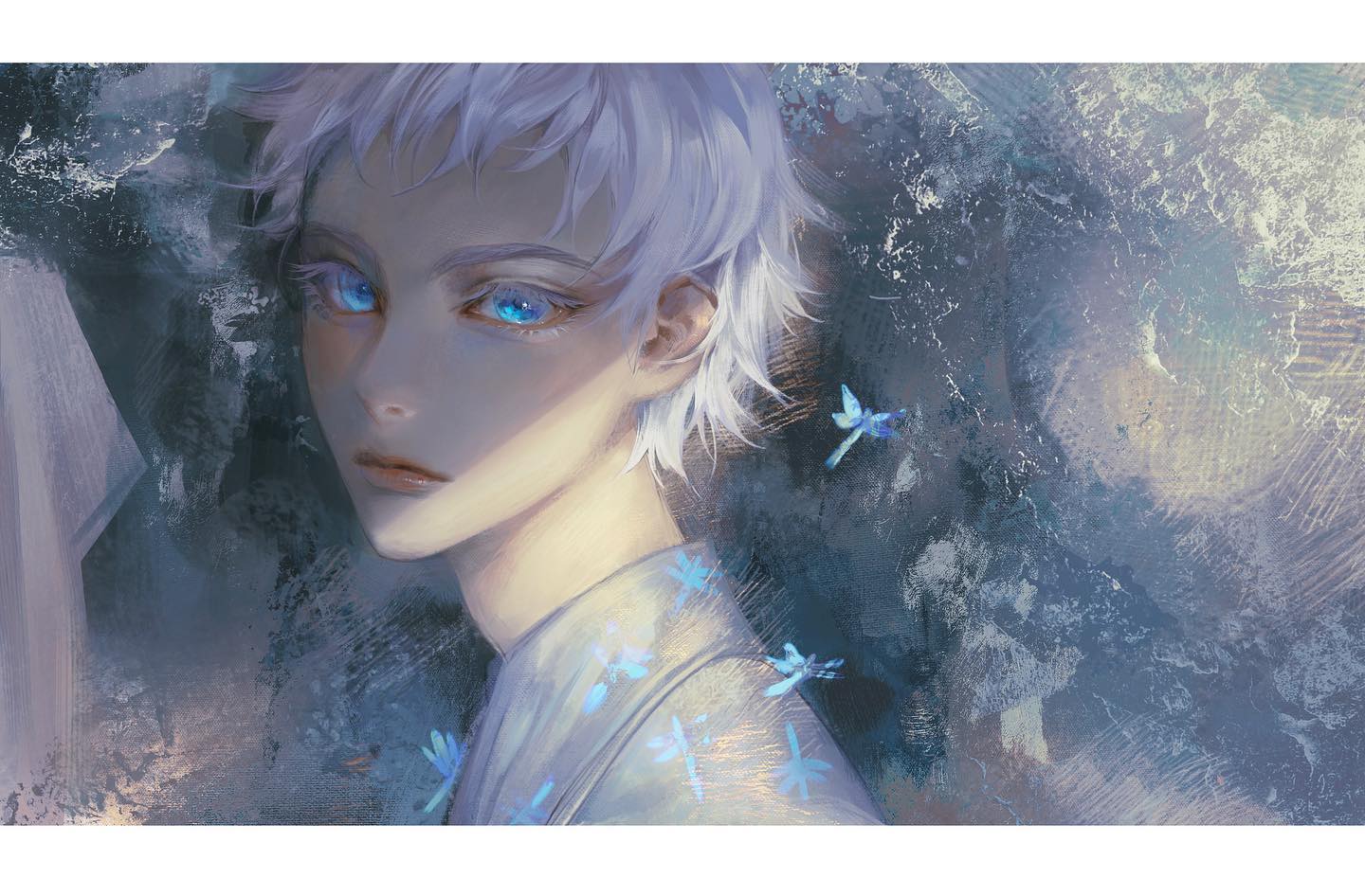 the image features a young man with striking blue eyes and short, white hair. he is depicted in a closeup portrait, his gaze directed slightly away from the viewer. the man wears a lightcolored kimono adorned with a pattern of blue dragonflies. the background is an abstract wash of blues and grays, reminiscent of a watercolor painting, further enhancing the serene and ethereal atmosphere. soft, natural light bathes the scene, highlighting the delicate features of the man's face.