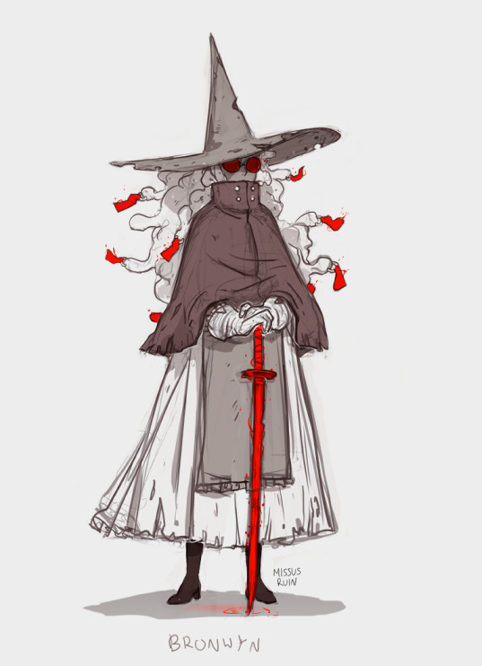 the illustration showcases a female character, possibly a witch, named bronwyn. she's depicted in a fantasy setting, wearing a large, pointed witch's hat, a long grey cloak over a white dress, and dark boots. her hair is long and white, and several red, tassellike accents dangle from her hair.  a bloody red sword is held upright in front of her. the style is a somewhat rough, sketchy digital painting, with muted greys and the red of the sword and tassels offering a contrast. the overall mood is dark and somewhat grim. the artist's signature, "missus ruin," is visible in the lower right.