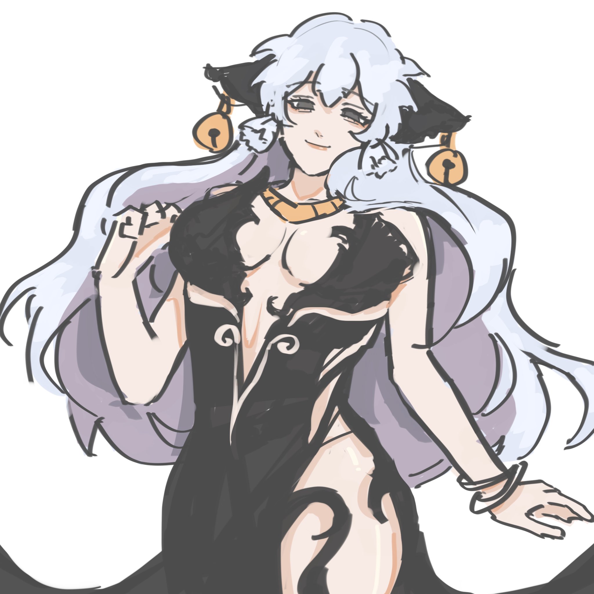 an illustration of an anime woman with long white hair and cat ears wearing a black dress and golden jewelry. she has a soft smile on her face. the drawing is done in a cartoon style and is digital.
