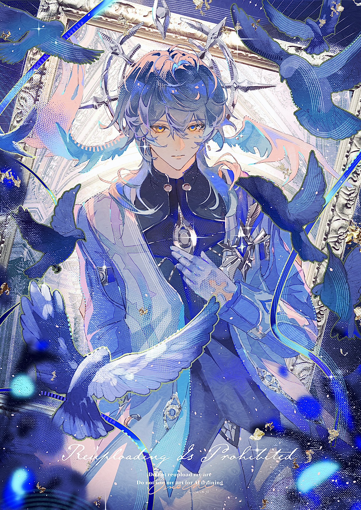 the image is a digital fanart depicting a young, elegant male anime character with long, flowing blue hair. he's dressed in a light blue, ornate outfit that looks regal and possibly ceremonial. he's surrounded by numerous stylized blue birds or doves, creating an ethereal atmosphere. a large ornate frame appears behind him, adding to the sense of formality or sacredness.  the overall color scheme is predominantly shades of blue, with hints of purple and pink, giving a dreamy and slightly melancholic feel. the artwork includes a watermark stating that reuploading and use for ai training is prohibited.