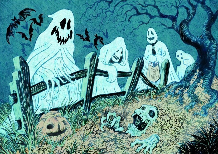 the image depicts a spooky halloween scene at night. five ghosts, one holding a "trick or treat" bag, gather near a wooden fence. bats fly in the background, and a jacko'lantern sits on the ground. in the foreground, a skeleton missing its head adds to the eerie atmosphere. the overall palette is dark and muted, contributing to the spooky ambiance.