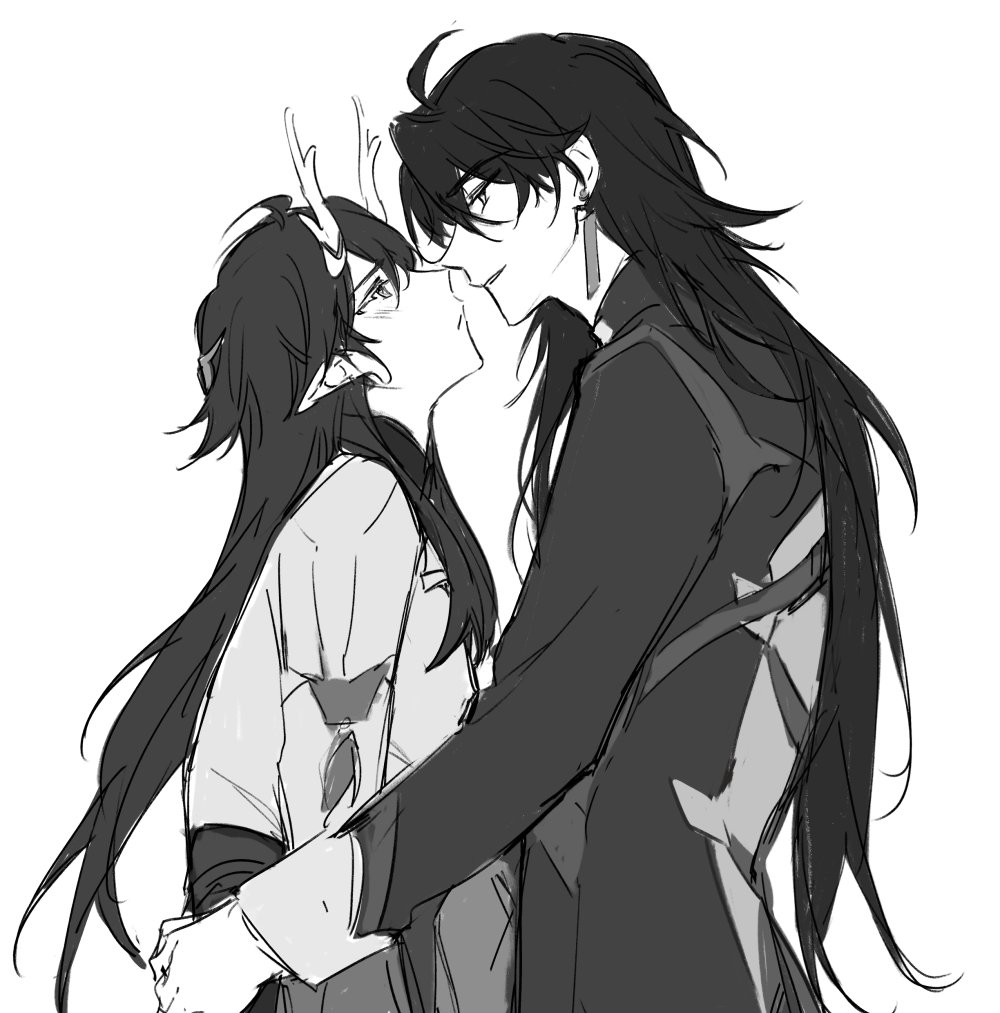 a black and white illustration of two anime characters, a man and a woman, embracing each other. the man has long black hair and is wearing a suit, while the woman has short black hair and is wearing a traditional chinese outfit. they appear to be in love and are looking at each other with affection. the drawing is done in a sketchy style and has a romantic atmosphere.