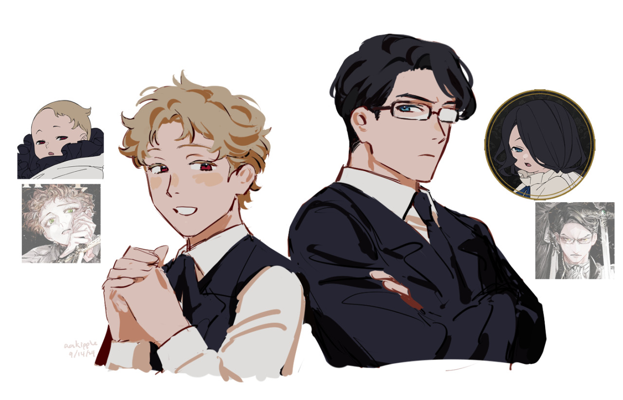the image is a digital fanart illustration showcasing multiple characters. the central focus is on two men, one with blond hair and the other with dark hair and glasses, standing side by side. the blondhaired man is positioned slightly in front, his hands clasped together, and he has a gentle, slightly smiling expression. the darkhaired man stands behind him with his arms crossed, projecting a more serious demeanor.  surrounding these central figures are smaller inset images depicting a baby, a younger version of the blondhaired man, a woman, and another woman with dark hair and glasses.  the overall style is stylized and artistic with a focus on character expression and design. the color palette is muted and sophisticated.