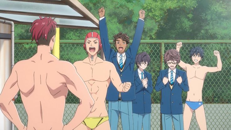 this image shows a group of anime boys celebrating a victory. they are shirtless and wearing swimsuits. they are standing by a pool with a chainlink fence in the background.